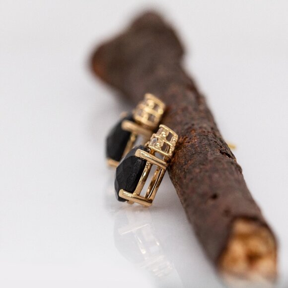 Black Spinel Stud Earrings in 14K Solid gold with Natural Diamond Accents - Picture 7 of 8